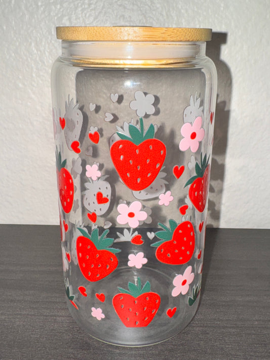 Strawberries, Pink Flowers & Red Hearts 16oz Glass Cup